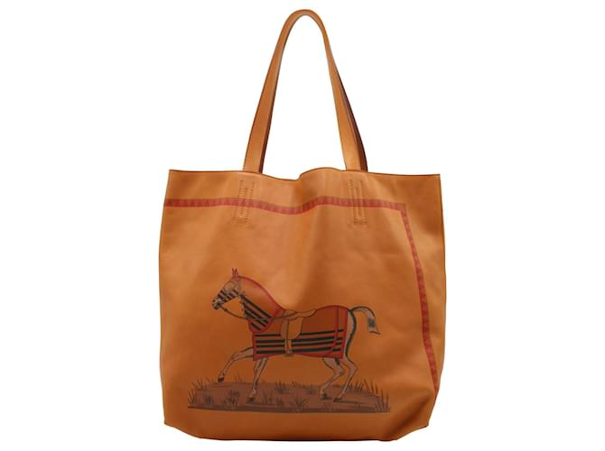 Hermès Sac tote réversible Hermes Double Sens 36 imprimé cheval en cuir orange  ref.1561528