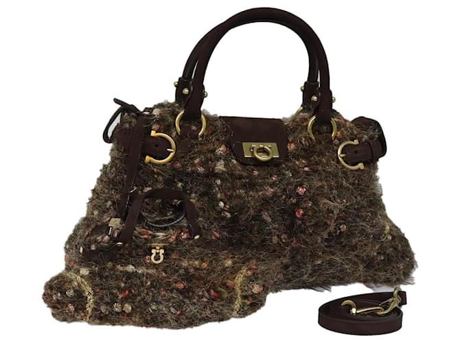 Bolsa de mão Gancini de lã 2 em 1 marrom Auth 84418 da Salvatore Ferragamo  ref.1562496