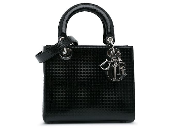 Black Dior Medium Patent Microcannage Lady Dior Satchel Leather  ref.1562652