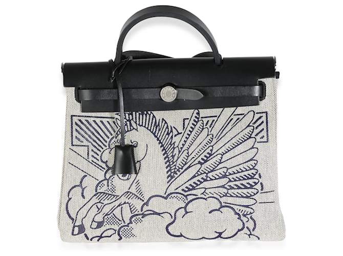 Hermès Bleu Indigo Ecru Black Vache Hunter Toile H Pegase Pop Herbag 31 PM Noir Beige  ref.1562756