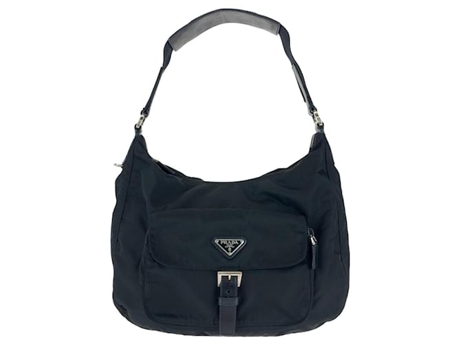 Prada Nylon/Leather Tessuto Triangle Logo Plate Shoulder Bag Black Cloth  ref.1563140