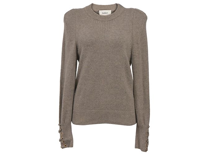 Ba&Sh Keane Pullover aus brauner Wolle mit Rundhalsausschnitt und dekorativen Bündchen