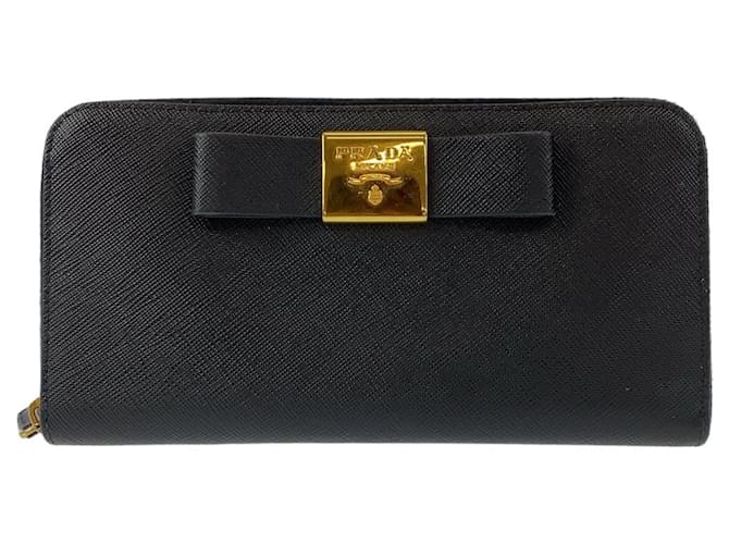 Prada Saffiano Leather Ribbon Long Wallet Black  ref.1563386