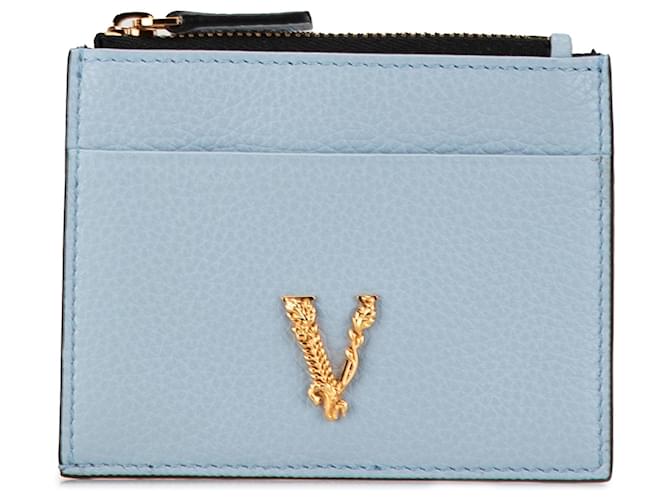 Porte-cartes en cuir bleu Virtus avec logo Versace Veau façon poulain Bleu clair  ref.1564597