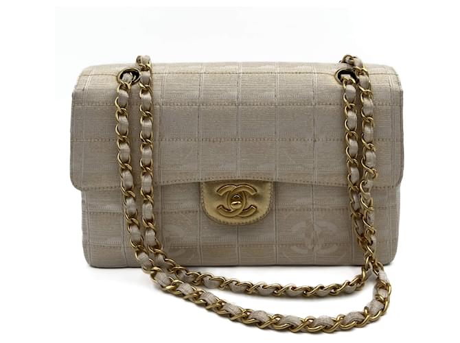 Timeless Chanel Bolsa de nylon com aba simples clássica pequena de chocolate 2 maneiras tom de ouro champanhe Multicor Lona  ref.1564952