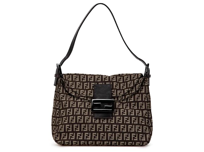 Braune Fendi Zucchino Canvas Doppelklappen-Schultertasche Leder  ref.1565036