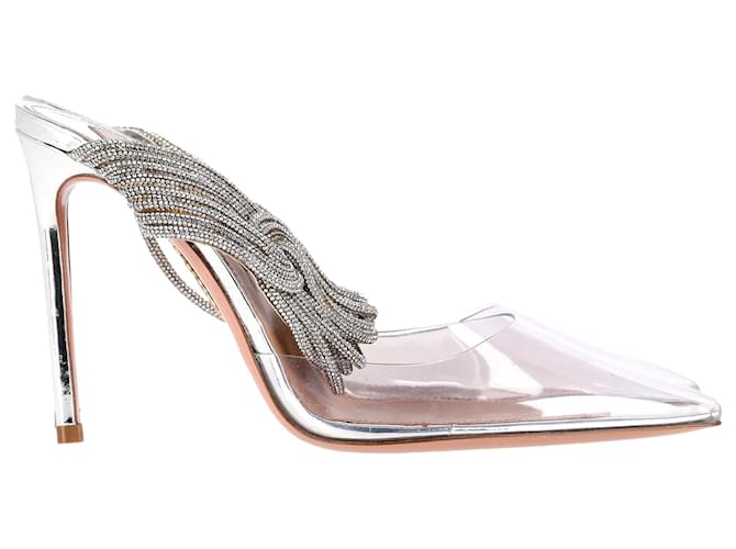 Aquazzura Instinct 75 Embellished Pumps in Silver Leather and PVC Silvery Metallic Plastic  ref.1565174