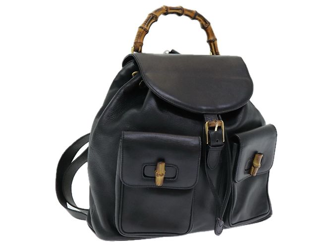 GUCCI Bamboo Backpack Leather Black Auth am6663