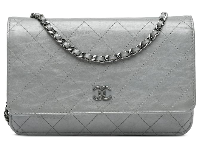 Chanel Silver CC Quilted Aged Calfskin Wallet On Chain Silvery Leather Pony-style calfskin  ref.1567830
