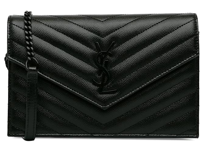 Schultertasche Black Saint Laurent Chevron Monogram Wallet on Chain Schwarz Leder ref.1568767 Joli Closet