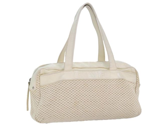 CHANEL Bolso de mano de lona de cuero beige CC Auth yb619