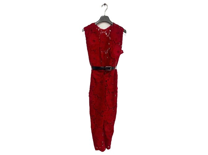 Vestido midi Prada vermelho de renda guipure e algodão com cinto