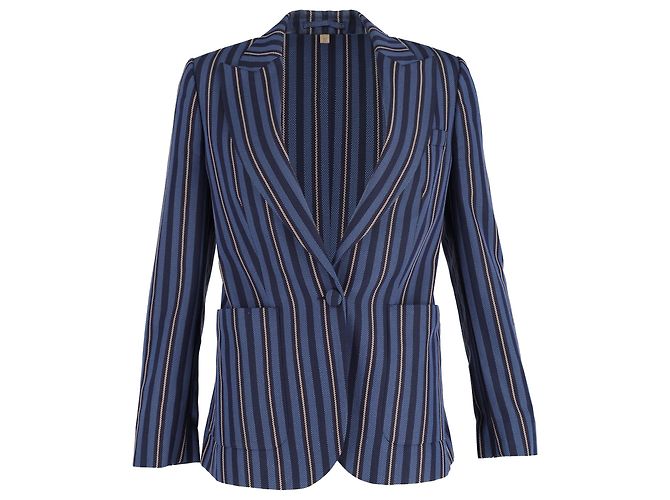 Burberry Single-Breasted Weaved-Stripe Blazer in Navy Blue Wool
