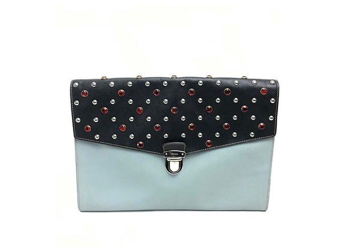 Sac à main Prada Saffiano Bijoux x Studs Flap Noir Bleu clair