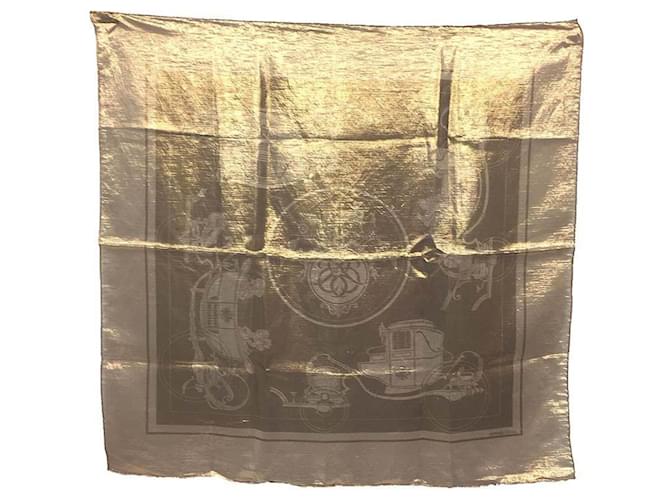 Hermès Écharpe Carregram 70 Hermes Muffler Exlibris Or Soie Polyester Doré  ref.1575696