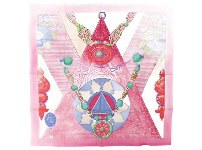 Hermès Cachecol de seda rosa Hermes Carre 90 TIBET 2 Multicor Azul claro