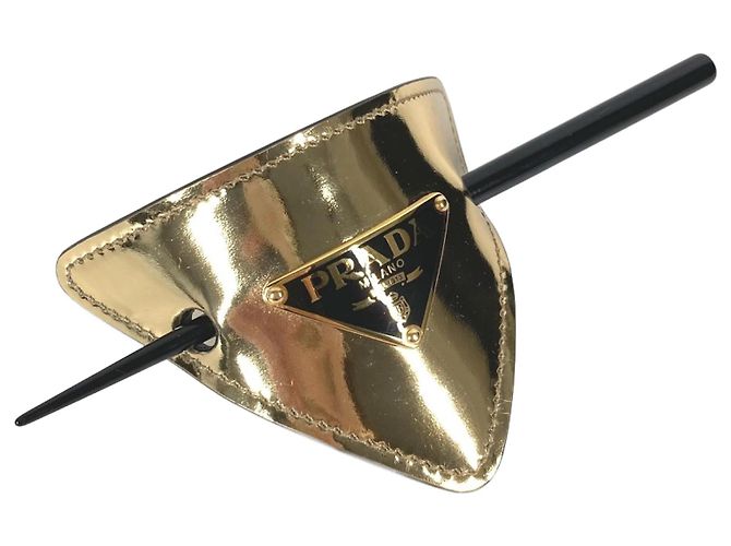 Grampo de cabelo Kanzashi de couro Prada Preto Dourado