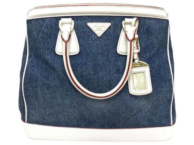 Borsa a mano Prada BN2441 Blu e Bianca in Denim e Pelle Bianco