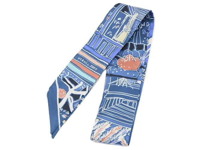 Hermès Hermes Twilly Scarf Rayures Dete White Blue Silk  ref.1577151