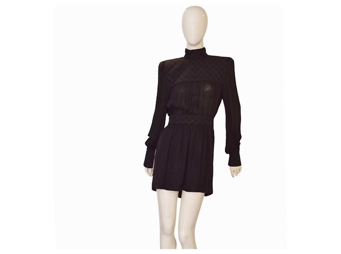 Balmain Vestido mini de seda preta acolchoado gola alta 38 Preto
