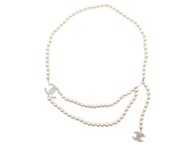Chanel Coco Mark Metal Faux Pearl Belt Silvery White ref  display picture 3