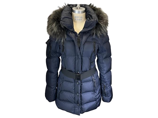 Sam Edelman Navy Blue Fox Fur Trimmed Hooded Puffer Jacket