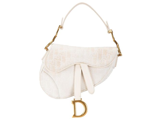 Dior White Mini Oblique Bestickte Canvas Saddle Bag Weiß