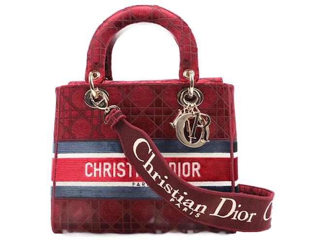 Christian Dior Velvet Cannage Medium Lady D Lite Handbag in Burgundy