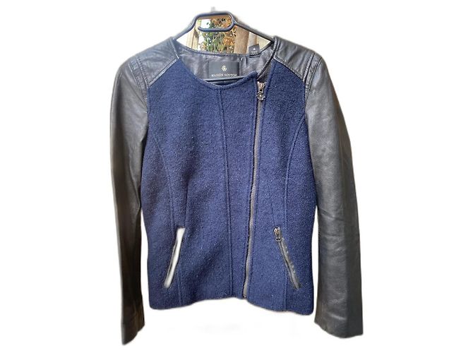 Casaco Maison Scotch de lã e couro azul marinho