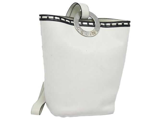 Céline Bolsa de ombro CELINE em couro branco prateado Auth 86175 Prata