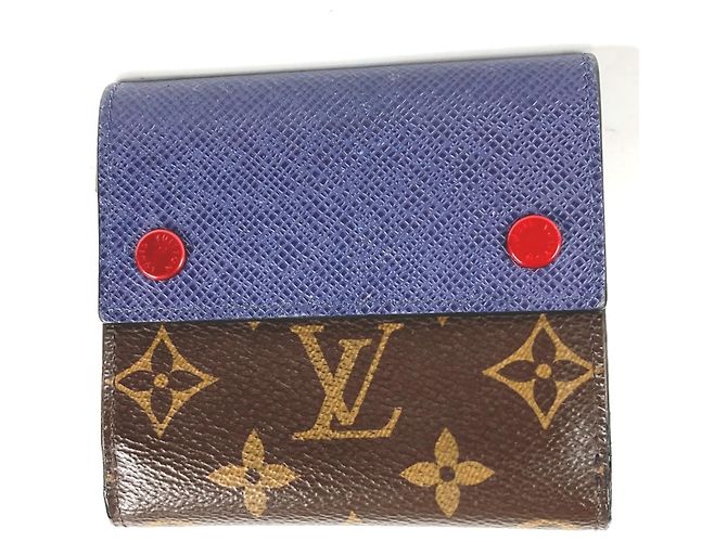 Louis Vuitton Monogram & Taiga Compact Wallet Brown Blue