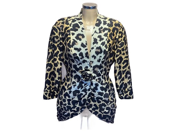 Thierry Mugler Silk Leopard Print Blazer Brown