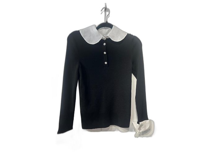 Pull Chanel de algodão branco com botões de camélia Preto