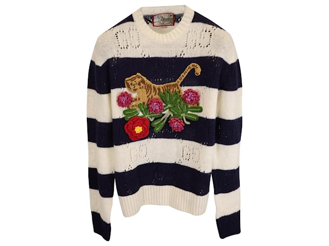 虎*様 GUCCI セーター Gucci Knitted Stripe Tiger and Flower-Embroidered Sweater in