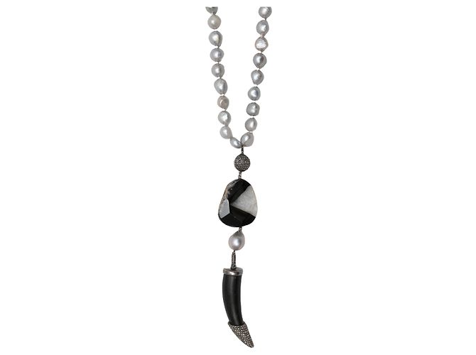 Autre Marque Colar lariat de chifre com pérolas Bavna brancas e pretas, ônix e pavé de diamantes Preto