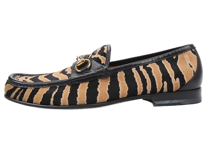 Gucci Tiger Print Horsebit Loafer in Size 41.5 EU Black Beige 297964 Brown Leather ref.1602778 Joli Closet