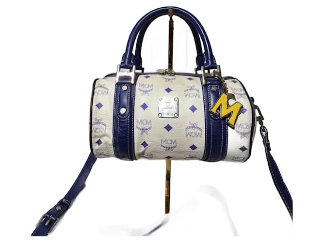 MCM Visetos Essential Barrel Bag White Blue Leather ref.1603449 Joli Closet