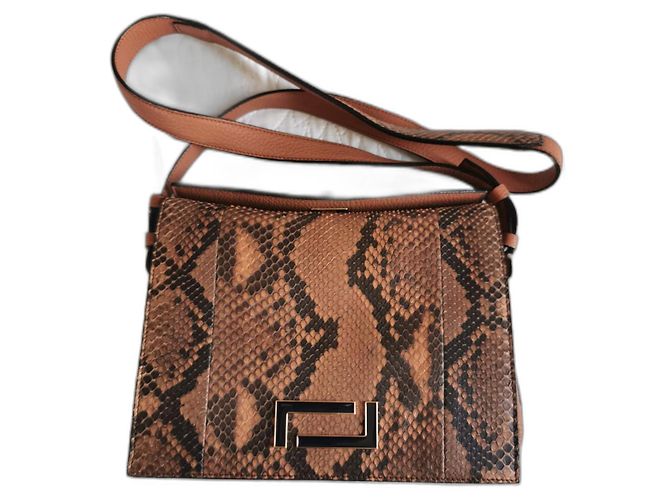 Lancel Pia MM Tasche aus Pythonleder und camelbraunem Leder Python drucken Hellbraun Dunkelbraun Gold hardware