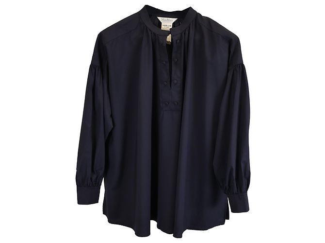 Max Mara Borneo Long-Sleeved Blouse Top in Navy Blue Wool