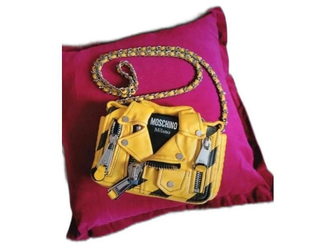 Borsa Moschino Biker in pelle gialla e nera