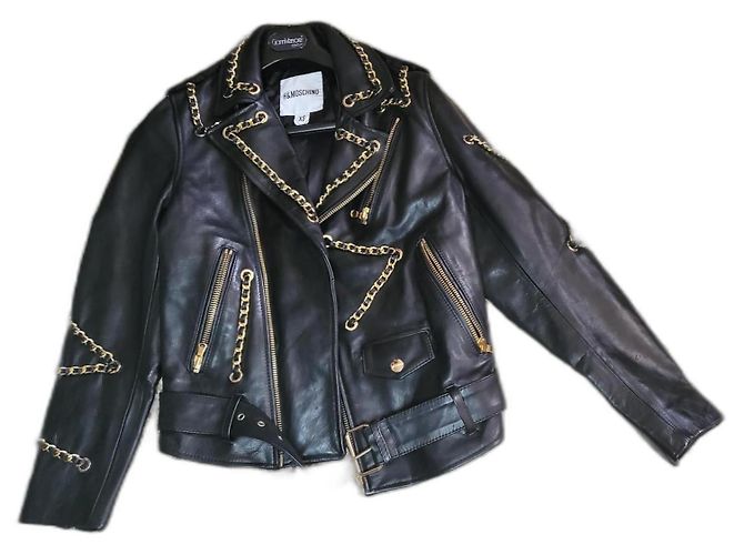 Giacca Biker Moschino in Pelle Nera e Oro Nero D'oro