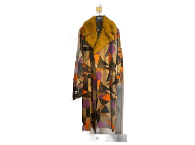 Versus Multicolored Patchwork Leather Coat with Fur Collar Multiple colors