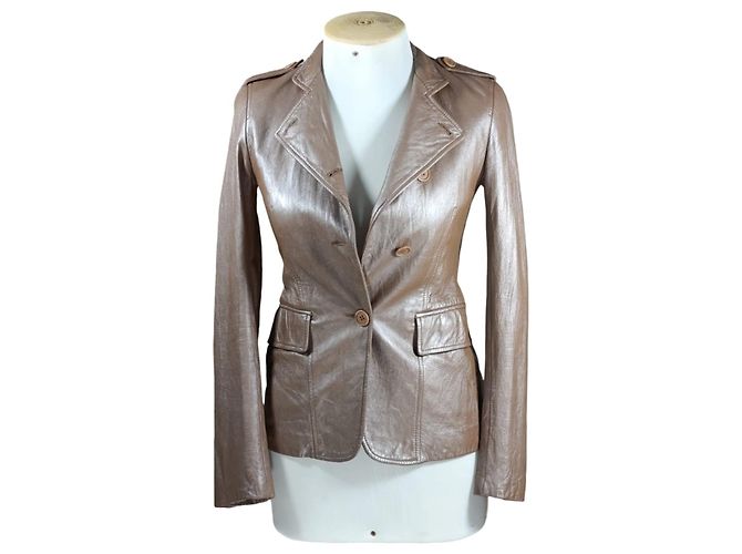 Theory Double Breasted Leather Jacket Bronze