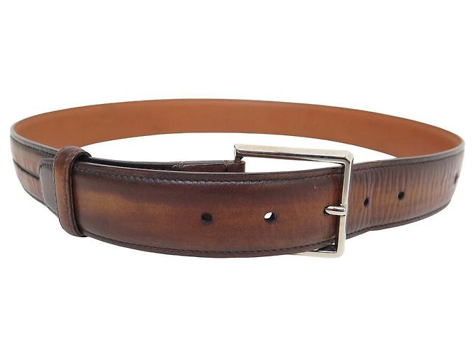 BERLUTI GASPARD BELT IN BROWN LEATHER WITH SCAR PATTERN T90 + POUCH
