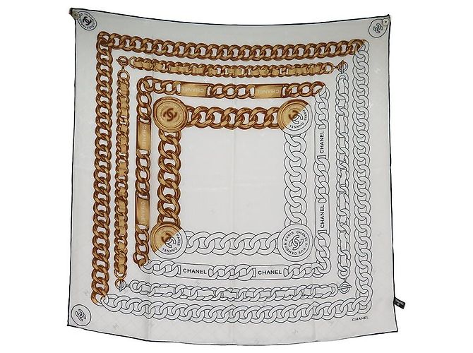 FULAR CHANEL LOGO CC E CATENE QUADRATO 90 CM IN SETA BIANCA Bianco