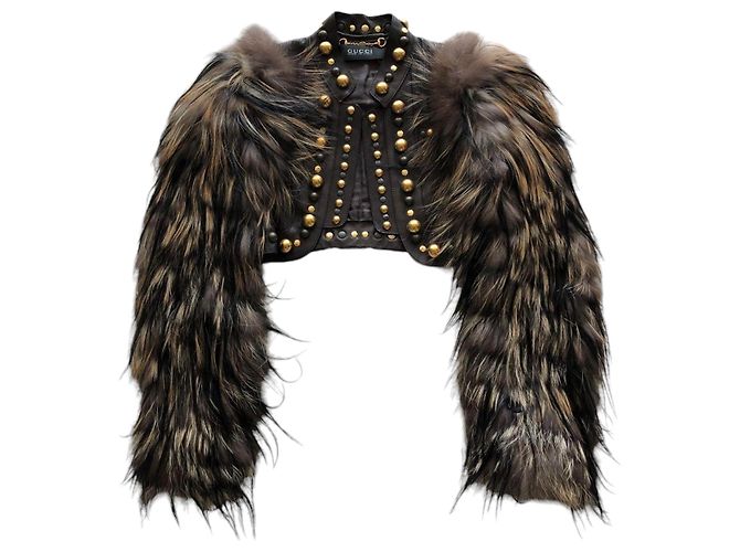 Gucci x Tom Ford Brown Leather Stud Crop Jacket