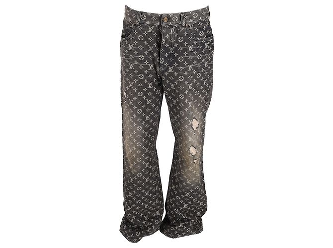 Louis Vuitton Distressed Monogram Denim Carpenter Trousers in Black Cotton