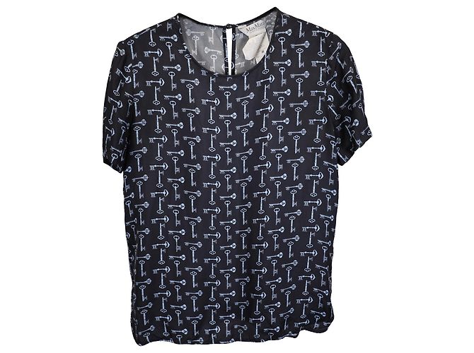 Max Mara Golf Key Printed T-Shirt in navy Blue Silk