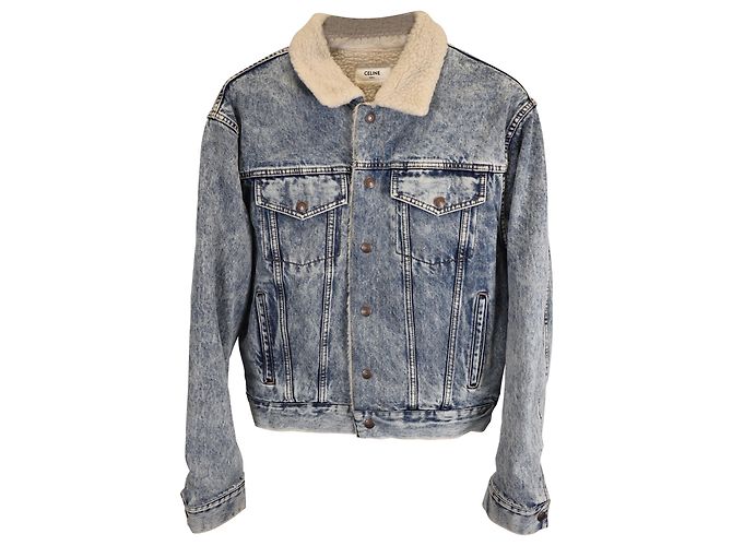 Céline Celine Oversized Shearling-Lined Bleached Denim Jacket in Light Blue Cotton