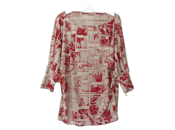 John Galliano Bluse Weiß mit Rotem Vogel und Blumen Print Mehrfarben